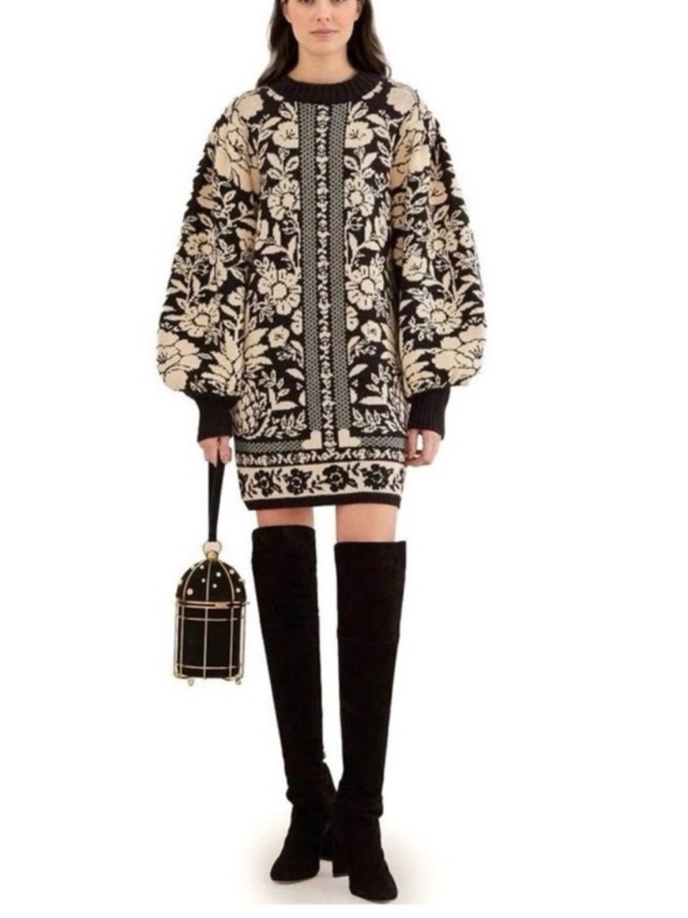 Farm Rio Pineapple Garden sweater dress black white turtleneck small